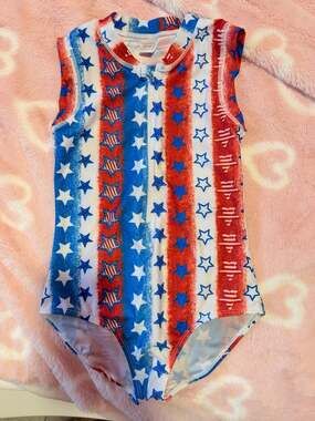 Girls Patriotic Stars and Stripes Sleeveless Zip Front Swimsuit